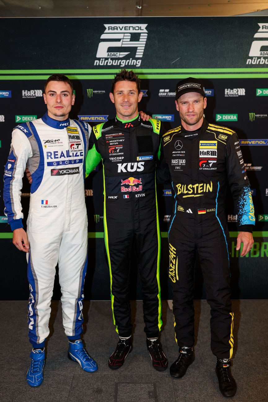 53. ADAC RAVENOL 24h N&uuml;rburgring 2025 - Foto: Gruppe C Photography; #45 Ferrari 296 GT3, REALIZE KONDO RACING with Rinaldi: Thomas Neubauer; #911 Porsche 911 GT3 R (992), Manthey EMA: Kevin Estre; #14 Mercedes-AMG GT3 EVO, Mercedes-AMG Team GetSpeed: Maro